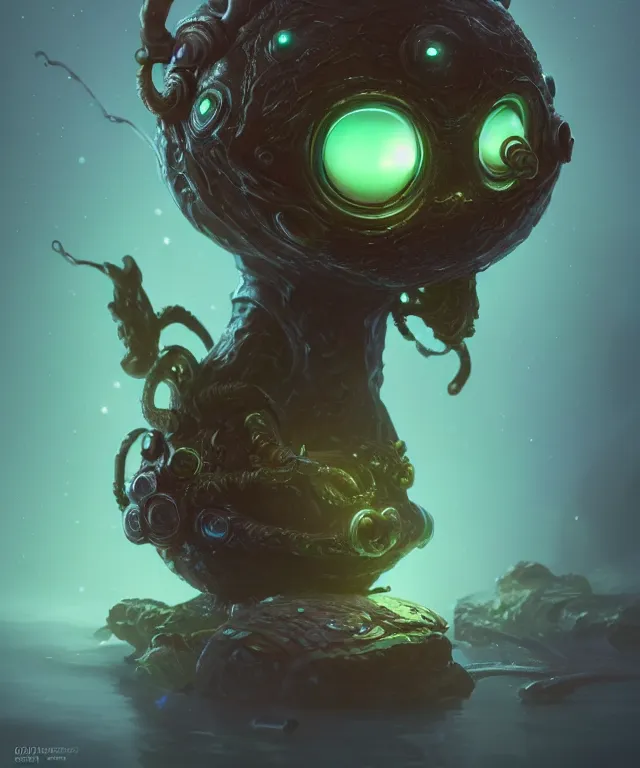 Image similar to a tiny creature with enormous eyes made of bioluminescence, fantasy, elegant, crisp 8 k line work, emissive lighting, digital painting, artstation, unreal engine, octane render, concept art, matte, sharp focus, illustration, art by james jean and justin gerard and josan gonzalez