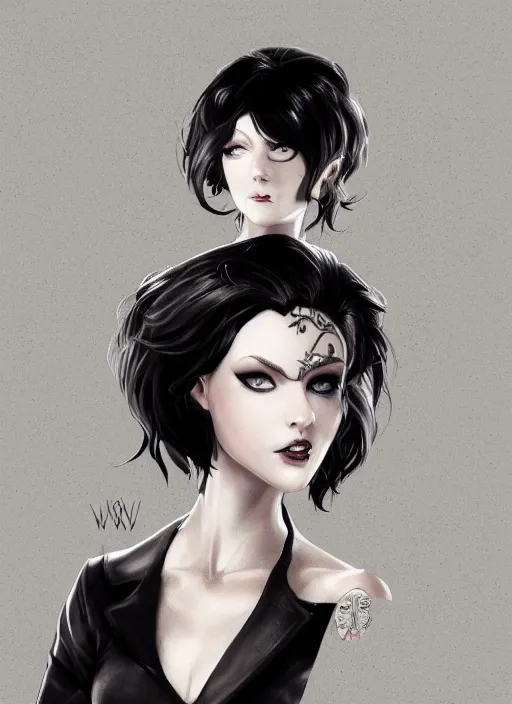 Image similar to a highly detailed illustration of beautiful short black messy haired woman wearing eyepatch!!! and noir style suit and tie, dramatic smiling pose, intricate, elegant, highly detailed, centered, digital painting, artstation, concept art, smooth, sharp focus, league of legends concept art, WLOP