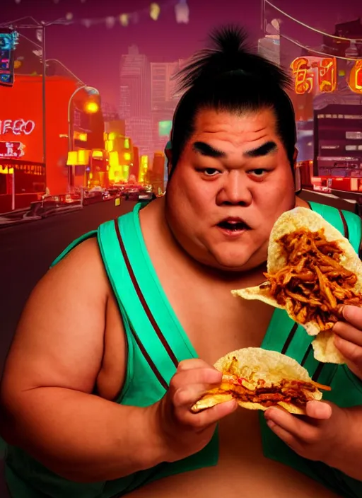 Image similar to sumo wrestler eating crispy tacos, holding hot sauce, portrait, photo realism, bokeh background, neon lights, city background, high definition, slr