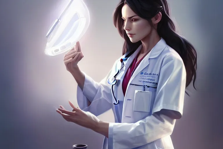 Prompt: a elegant and beautiful female doctor in a white coat in a clinic, cinematic, highly detailed, digital painting, artstation, concept art, matte, sharp focus, illustration, art by artgerm and greg rutkowski