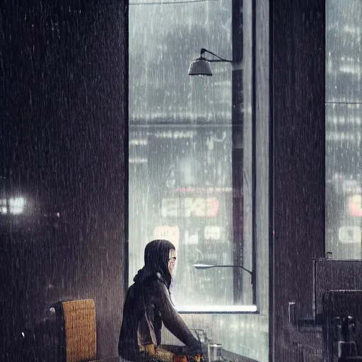 Image similar to A young woman sitting in a cafe looking out of the window with rain outside, cyberpunk, ultra realistic, concept art, intricate details, eerie, highly detailed, photorealistic, octane render, 8k, unreal engine, art by Bjorn Hurri