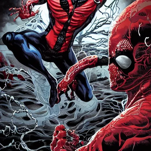 Image similar to carnage symbiote fighting dead pool in new york on a dark and stormy night