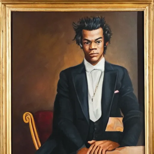 Prompt: Official Portrait of United States President Harry Styles as an African-American, 1904, oil on canvas, dignifying