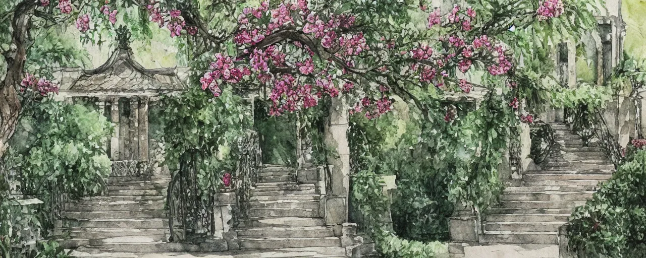 Image similar to wide angle, stairway, chairs, wrought iron gates, tree, delicate water in a botanic garden, garden road, temple in a botanical herbarium paper, watercolor colored painting, iridescent colors, realistic shaded, fine details, artstation, italian style, colonnade, huge flowers, architecture