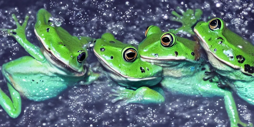 Image similar to a very intricately detailed underwater photo of a frogs cuddling. a lot of bubbles, diffracting the light. extreme detail, artstation hq, 8 k