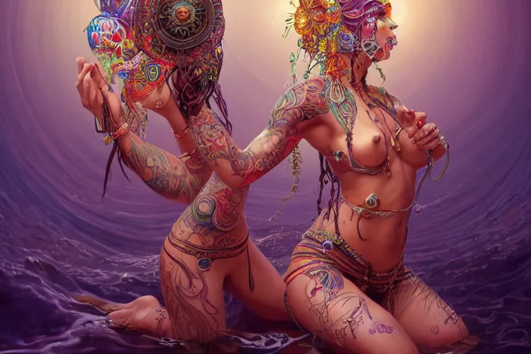 Prompt: a centered full body render of an alluring festival hippy with tribal tattoos surrounded by a underwater ink pour and flowing liquid gallium and sacred geometry, perfect body and face, gorgeous, cinematic, beautifully lit, by artgerm, by karol bak, by donato giancola, 3 d, trending on artstation, octane render, 8 k