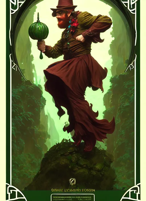 Prompt: cinematic full body portrait of sneering leprechaun, dark red beard, floating magical charms by artgerm, cushart krenz, greg rutkowski, mucha. art nouveau. gloomhaven, green tones and golden charms, vibrant colors, sharp edges. ultra clear detailed. 8 k. elegant, intricate, octane render