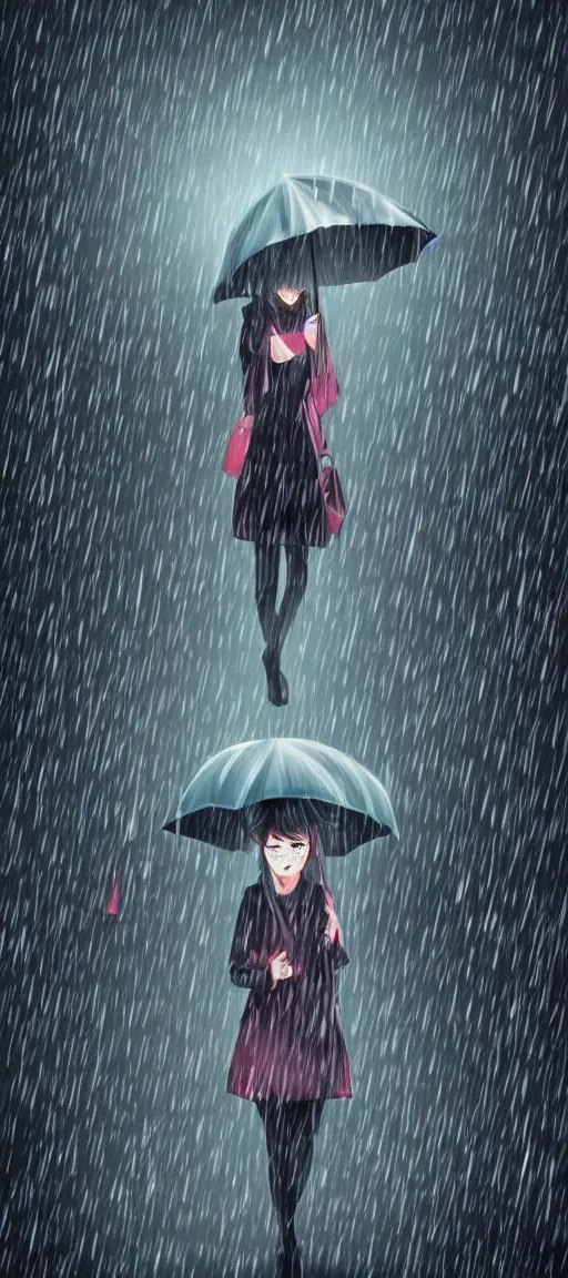 Image similar to beautiful drawing style, girl holding umbrella, contrast, visible rain, vaporware cartoon japan background, kawaii rainy gloomy, rainy night