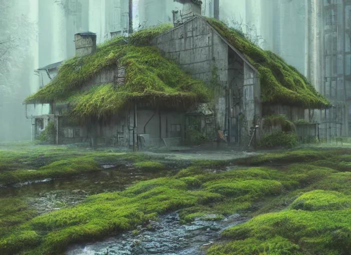 Image similar to detailed full body concept art illustration pastel painting of a moss covered building, ultra detailed, digital art, octane render, dystopian, micro detail 4k