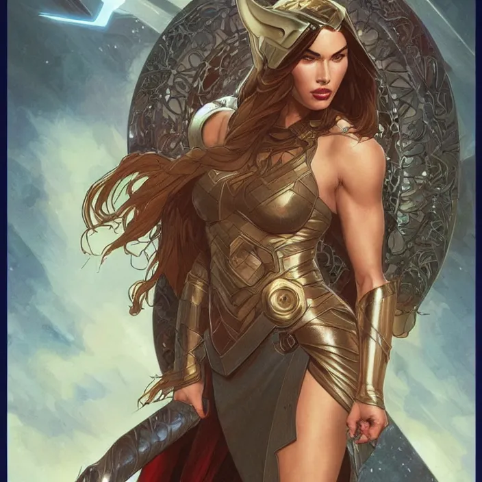 Prompt: megan fox as female thor by artgerm, greg rutkowski, alphonse mucha