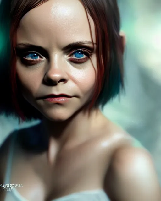 Image similar to christina Ricci as an angel, hyper realistic, prismatic highlights, atmosphere, gorgeous, depth of field, cinematic, macro, concept art, 50mm, artstation, wlop, elegant, epic, weta digital, focus, octane render, v-ray, 8k, kodak portra, art by Liberatore