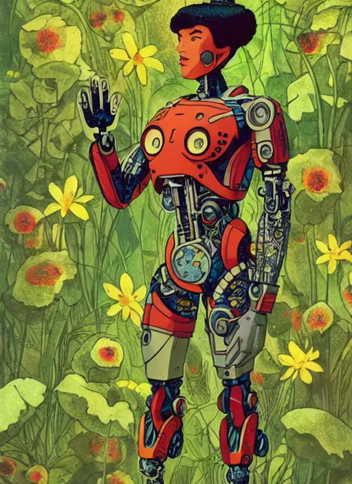 Image similar to a full body shot of cyborg in some plants with flowers for a face by satoshi kon and greg rutkowski, 7 0's vintage sci - fi flat surreal design