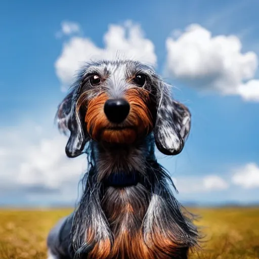 Image similar to grey, elderly wire-haired dachshund flying in heaven, floating in the sky, blue sky, surrounded by beautiful white clouds, heaven landscape