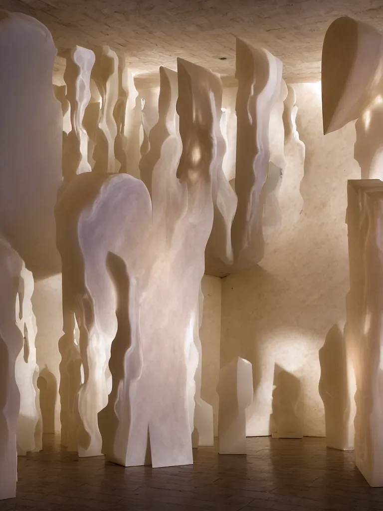 Image similar to a perfect artistic photograph of a sculpture called the valley of repentance, an alabaster marvel of levitating fractal cuboids linked by human bones. spatters of rainbow impasto paint, and mounted in a venetian gallery. perfect focus and gallery lighting.