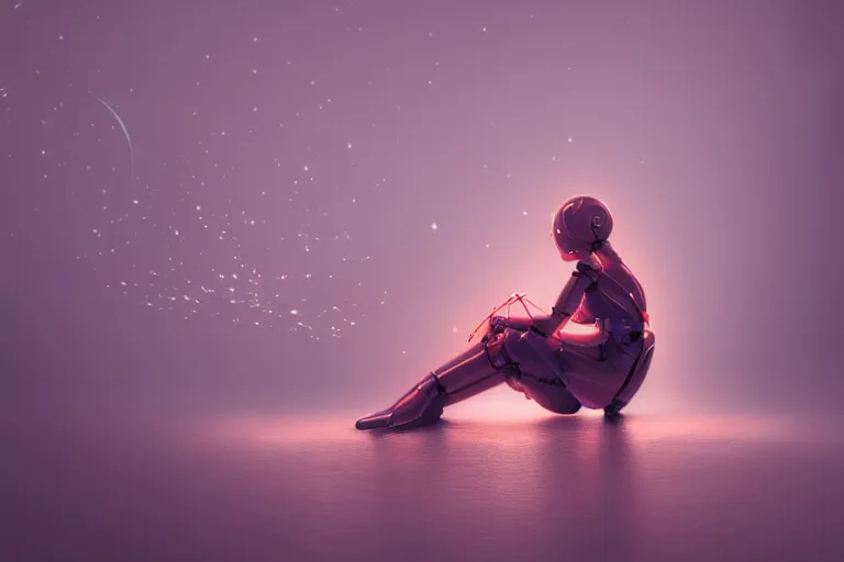 Prompt: a cute robot girl sitting on a bug relaxing, misty, digital art, hazy, foggy, red lighting, ambient lighting, 8 k,