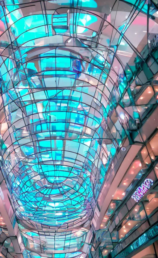 Image similar to photo of a chrome blob in a vaporwave mall, sharp wide shot lofi