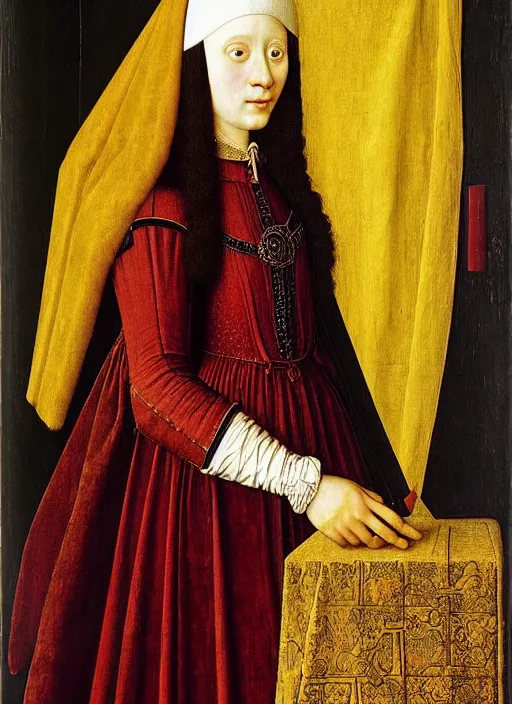 Image similar to portrait of young woman in renaissance dress and renaissance headdress, art by jan van eyck