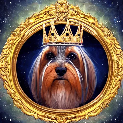 Prompt: “an oil painting portrait of a Yorky dog wearing medieval royal robe and an ornate crown on a dark nebula background” digital Art, concept Art, highly detailed, 3-D 4K, trending on art station, Award winning, Mark Brooks,