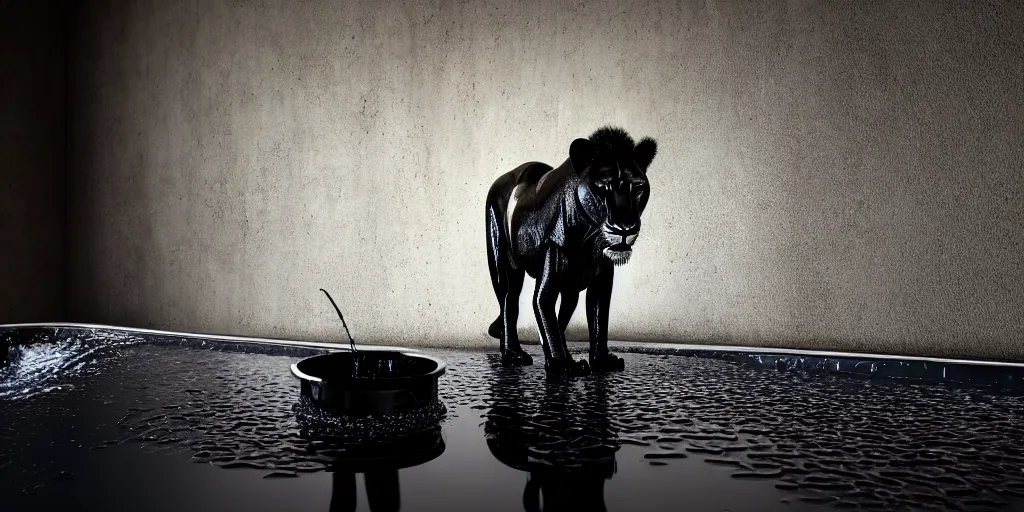 Image similar to the black lioness made of ferrofluid, bathing inside the bathtub filled with tar, dripping tar, drooling goo, sticky black goo, photography, dslr, reflections, black goo, rim lighting, cinematic light, chromatic, saturated, slime, modern bathroom, hyper realistic, 8 k resolution, unreal engine 5, raytracing
