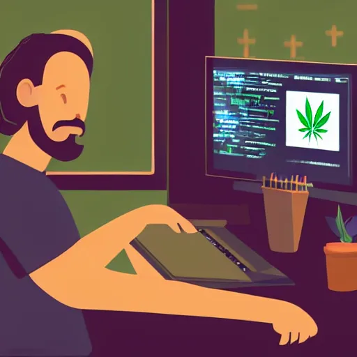 Image similar to portrait of a computer programmer coding while smoking marijuana through a bong digital art high quality artstation cinematic lighting