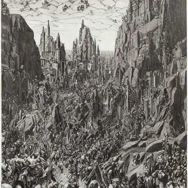 Image similar to artwork by Franklin Booth and Gustav Doré showing the fall of the city of Babylon