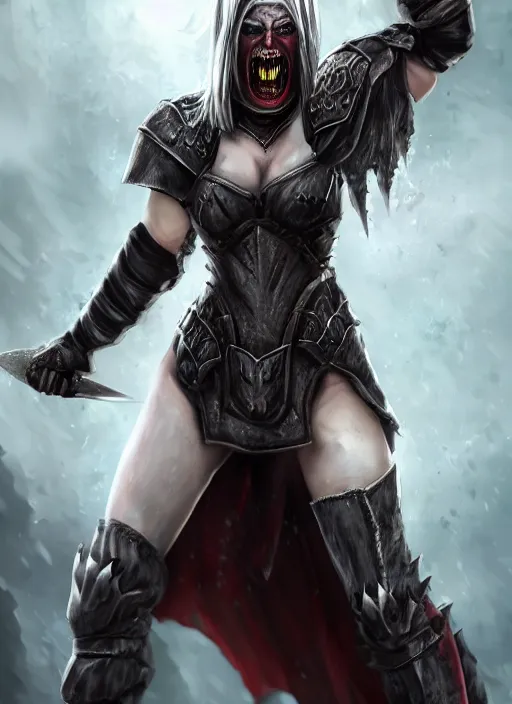 Prompt: female vampire warrior, full body portrait, sharp teeth, grinning, muscular, flying, barefoot, no shoes, exposed feet, black full plate armor, historical armor, realistic armor, covered chest, metal mask, giant two - handed sword dripping blood, realistic, dungeons and dragons.