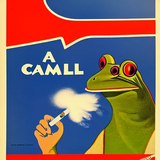 Image similar to A 1960s poster for Camel cigarettes with Camel Joe as a frog smoking a cigarette