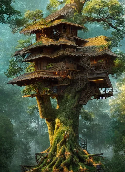 Prompt: beautiful mutlilevel wooden tree house tower in a gnarly bonsai in a ancient forrest, tree house city, ropes, dynamic lighting, cinematic, establishing shot, extremly high detail, foto realistic, cinematic lighting, post processed, concept art, artstation, matte painting, style by ghibli, myazaki