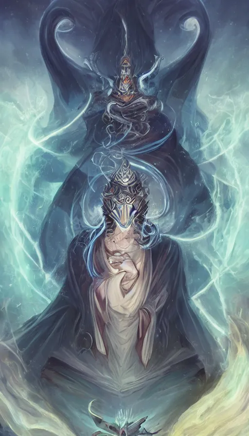 Image similar to highly detailed all powerful god made of pure energy with swords leviating and piercing blue eyes and a hooded face by peter mohrbacher, background temple of cold obsidian by Kelly Mckernan, trending on artstation, HD, 8k,