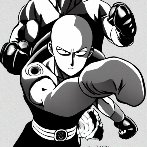 Prompt: saitama from one punch man boxing at the gym, anime style, digital art, artstation