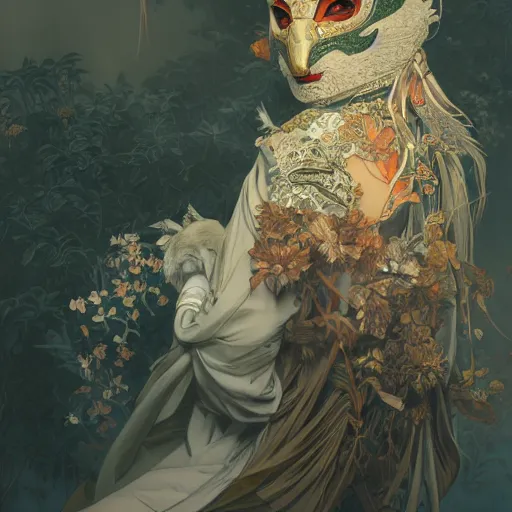 Image similar to a photorealistic dramatic fantasy render of a beautiful woman wearing a beautiful intricately detailed japanese rabbit kitsune mask and clasical japanese kimono by wlop, artgerm, greg rutkowski, alphonse mucha, beautiful dynamic dramatic dark moody lighting, shadows, cinematic atmosphere, artstation, concept design art, octane render, 8 k