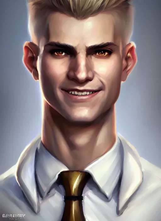 Image similar to a _ fantasy _ style _ portrait _ painting _ of white male short fringe light brown hair short face grinning clean shaven short head, rpg dnd oil _ painting _ unreal _ 5 _ daz. _ rpg _ portrait _ extremely _ detailed _ artgerm _ greg _ rutkowski _ greg