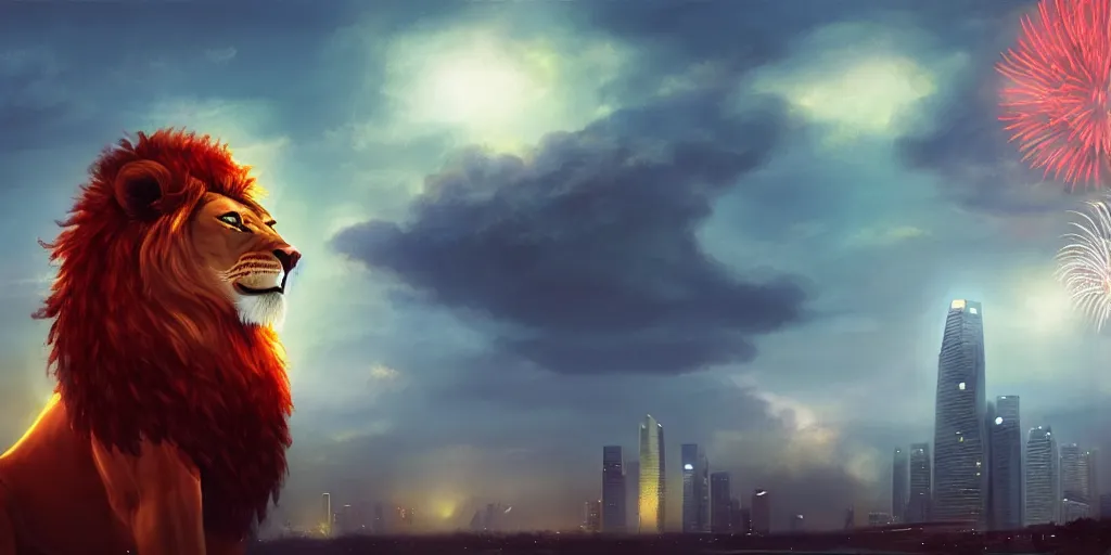 Image similar to Singapore city with a lion-shaped cloud in the sky and fireworks in the sky, by Charlie bowater, red and white lighting, digital art, ultra realistic, ultra detailed, photorealistic, 4k, character concept