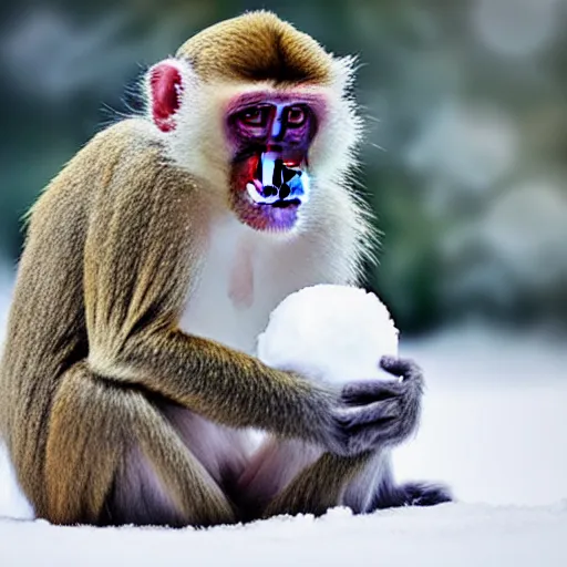 Prompt: beatiful photograph of non-ending snow, monkey sitting in the center whilst holding a snowball in its arms