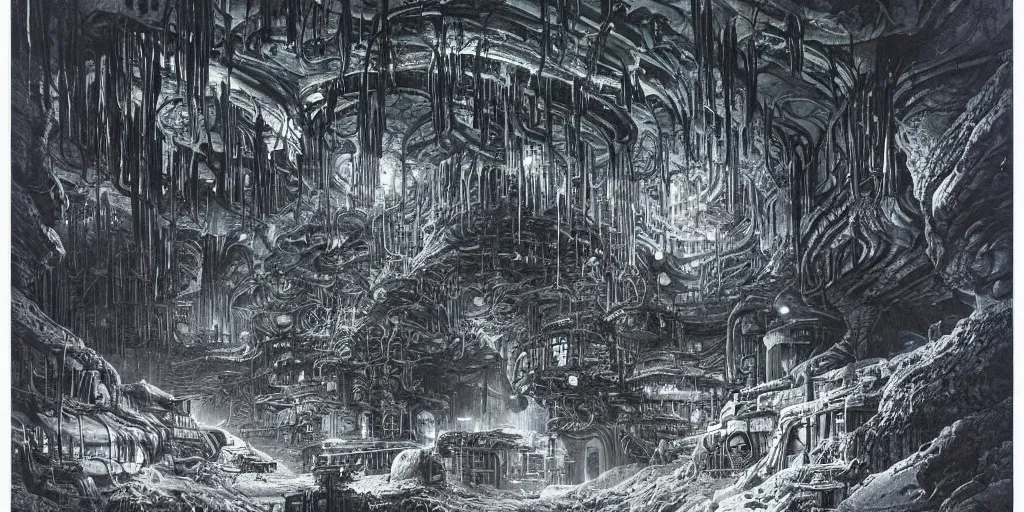 Prompt: Bruce Pennington illustration of a dark sci-fi mining cave, deep and complex, research outpost, highly detailed, nostalgic spooky atmosphere,