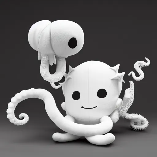 Image similar to cute fumo plush of a boy with a tentacle monster in his backpack sticking out its head, black and white, vray