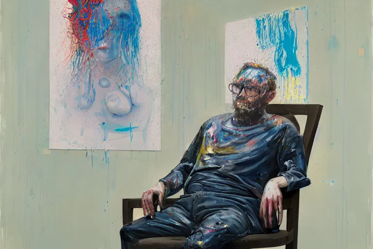 Image similar to portrait of a painter sitting in a chair contemplating, art by james jean and luc tuymans and vincent lefevre and hernan bas and pat steir and hilma af klint, psychological, dripping paint, high quality render, cg society contest winner, retrofuturism, masterpiece