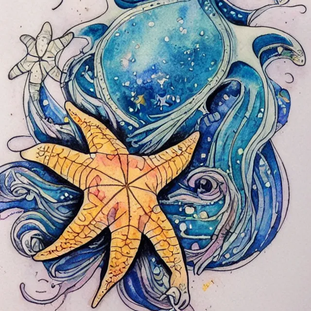 Image similar to starfish, tattoo design, watercolor, maximalist, high detail