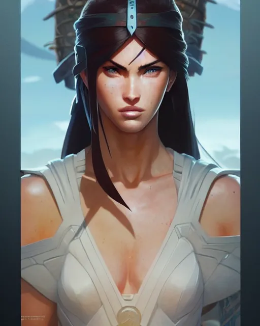 Image similar to azctec warrior, megan fox, detailed perfect face, exquisite details, fire magic, mid view, design on a white background, by studio muti, greg rutkowski makoto shinkai takashi takeuchi studio ghibli