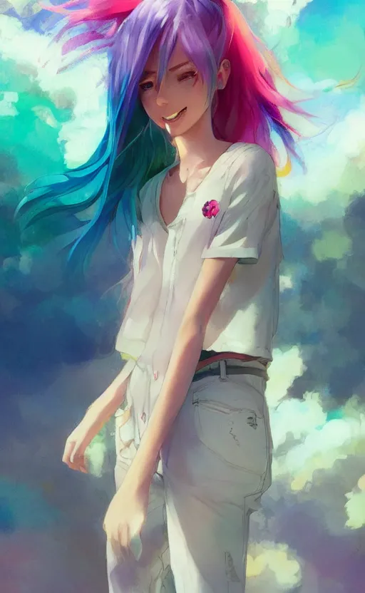 Image similar to a kawaii woman with rainbow hair, happy, summer time, soft eyes and narrow chin, dainty figure, long hair straight down, kawaii shirt and jeans, basic white background, In style of by Jordan Grimmer and greg rutkowski, crisp lines and color