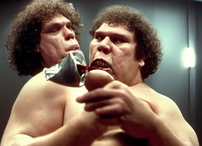 Image similar to film still of Andre the Giant eating a can of beans in the new Sleepless in Seattle movie, 4k