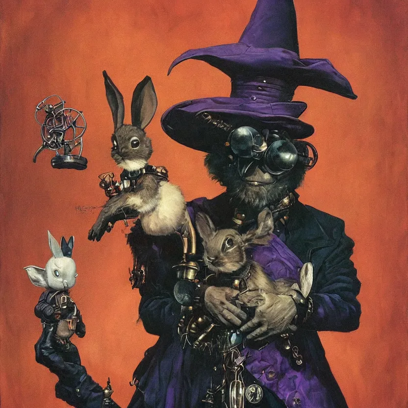 Prompt: a close - up portrait painting of a dark alien wizard magician holding a steampunk rabbit. deep purple curtains in a gloomy dark background. highly detailed science - fiction painting by norman rockwell, moebius, frank frazetta, and syd mead. rich colors, high contrast. artstation