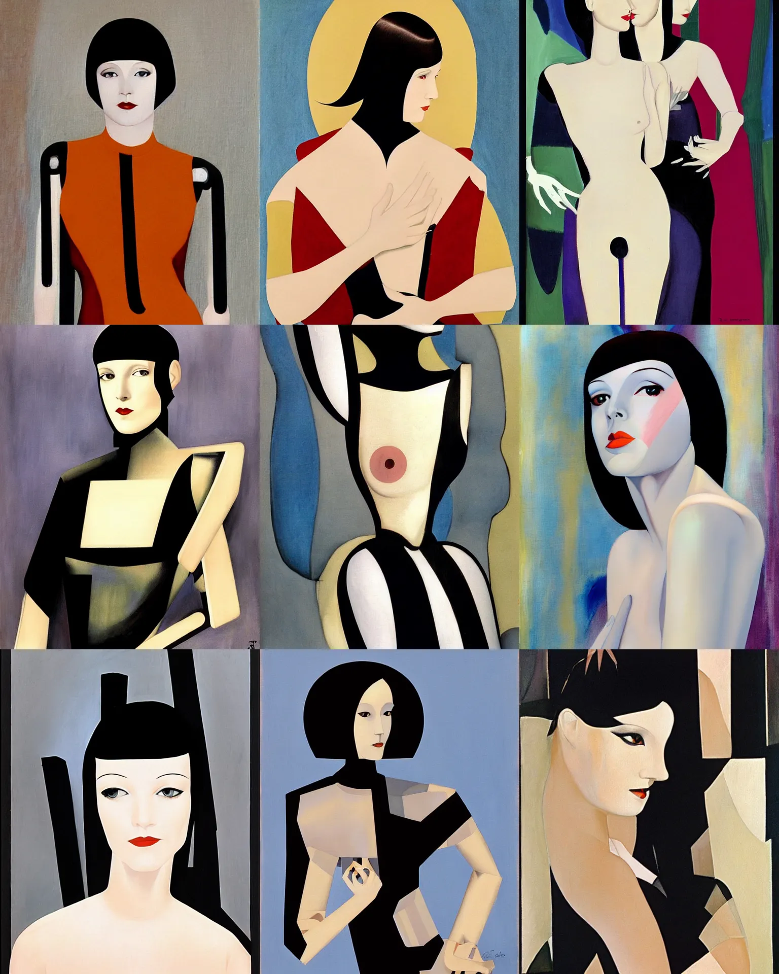 Prompt: mary louise brooks turning into a transparent robot painting by tamara de lempicka and patrick nagel