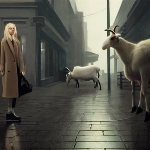 Image similar to Elle Fanning standing next to a goat in the world of Edward Hopper, stormy snowy weather, streetlights, extremely detailed masterpiece, oil on canvas, low-key neon lighting, artstation, Blade Runner 2049, Roger Deakin’s cinematography, by J. C. Leyendecker and Peter Paul Rubens,