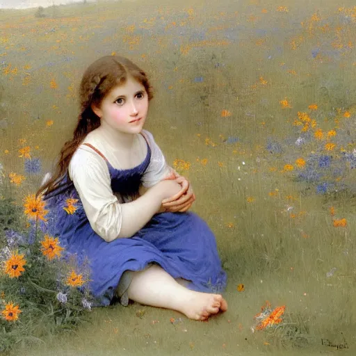 Image similar to a little girl with short wavy light brown hair and blue eyes sitting in a field of wildflowers. beautiful painting by bouguereau.