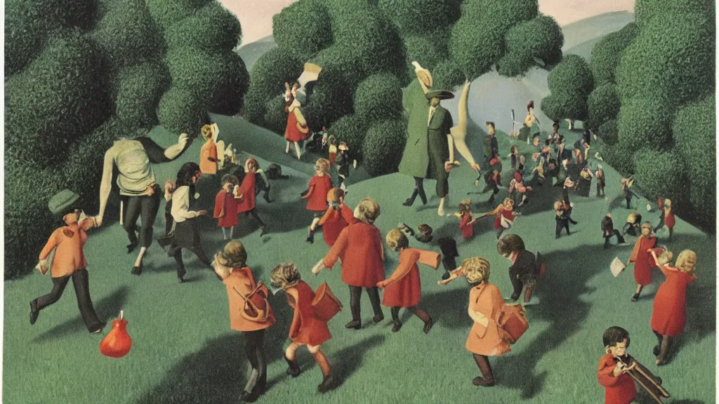 Image similar to A vintage scientific illustration from the 1970s of the Pied Piper luring hundreds of children up a hill while playing his pipe by René Magritte