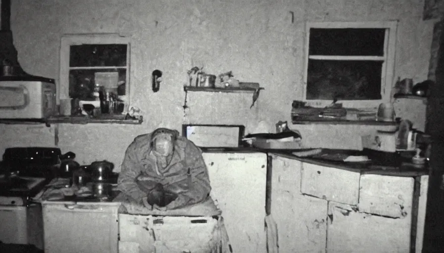 Prompt: snake, a man sit in a stalinist style kitchen, by mini dv camera, very very low quality, heavy grain, very blurry, accidental flash, webcam footage, found footage, security cam, caught on trail cam