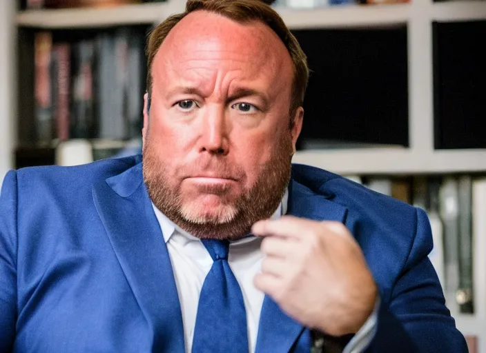 Image similar to dslr photo still of infowars host alex jones in a blue suit sitting depressed in a room filled to the ceiling with newspapers, 5 2 mm f 5. 6