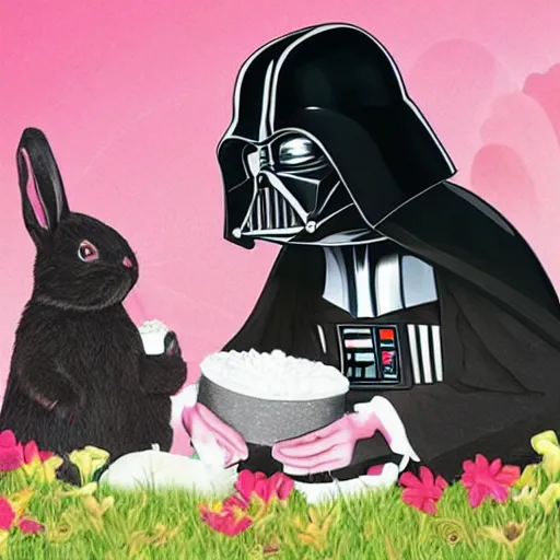 Prompt: a photo of darth vader having a picnic with a bunny