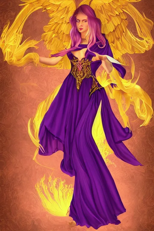 Prompt: Young beautiful woman in purple witch robes with a phoenix on her shoulder, full body shot, digital art